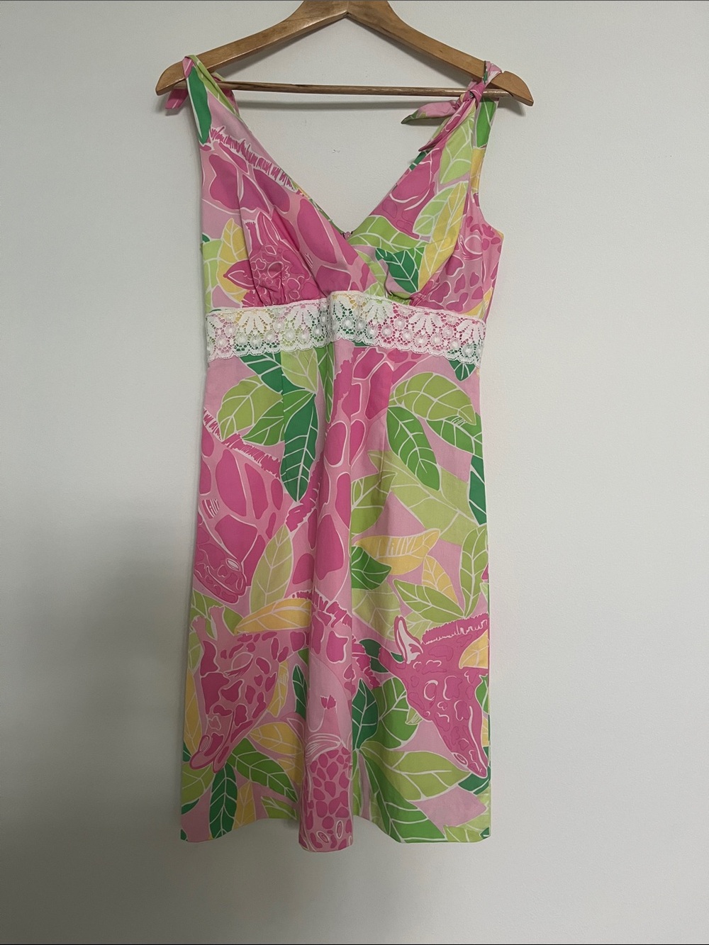 Lilly Pulitzer Giraffe Print V- Neck Cotton Sundress (Sz 8) Lace Trimmed Tie Top